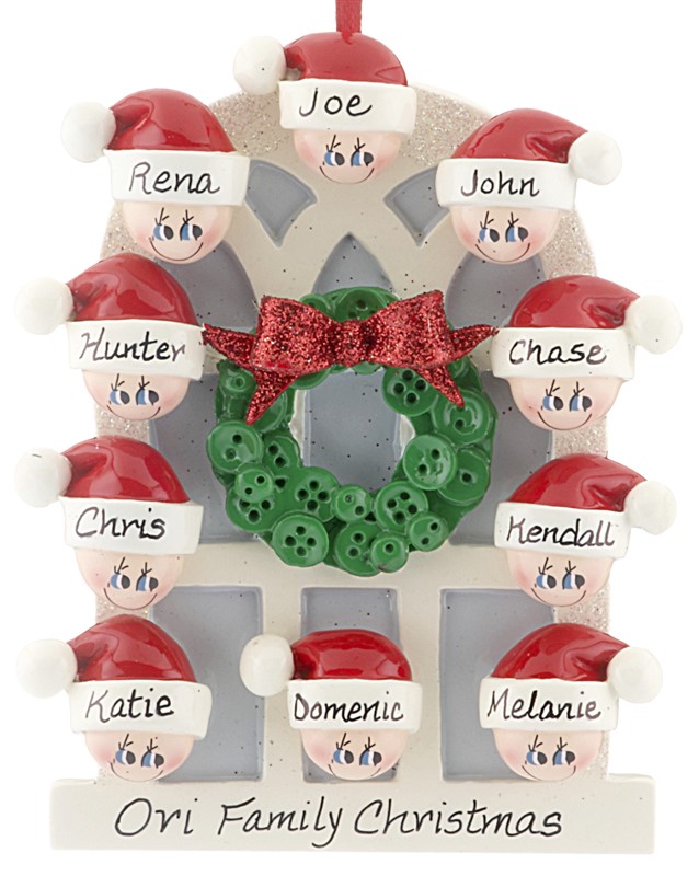 A window ornament with 10 faces personalized with names for a new house. | OrnamentShop.com