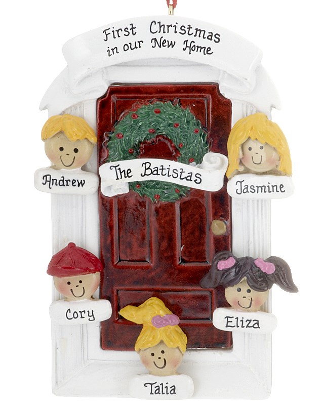 A family ornament with 5 faces customized for gender and hair color on a front door for a new home. | OrnamentShop.com