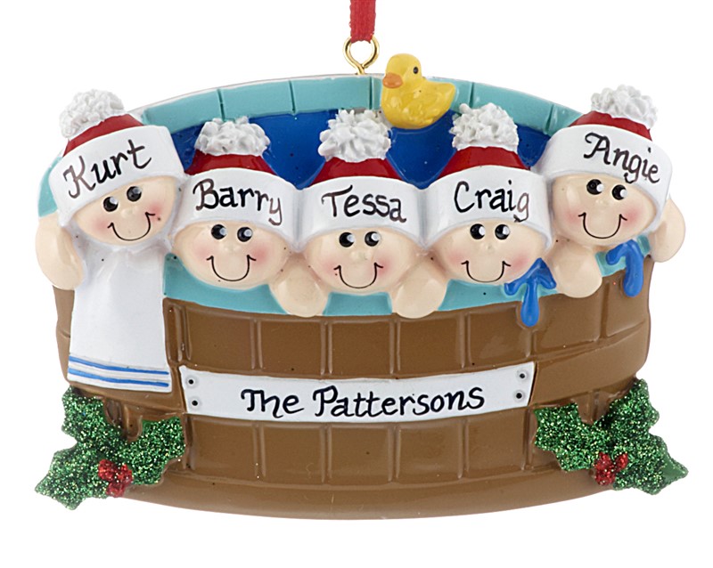 A family of 5 in a hot tub Christmas ornament is perfect for celebrating a 2018 vacation to the mountains. | OrnamentShop.com