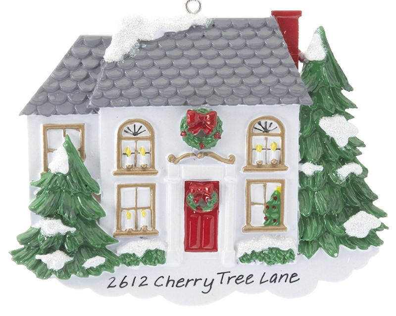 A white home ornament with two trees and two stories. | OrnamentShop.com