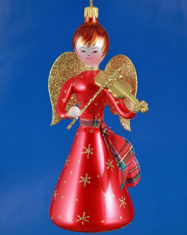 An Italian ornament of an angel with glittery wings, a scarf around her waist and holding a violin, perfect for a magical Christmas tree. | OrnamentShop.com