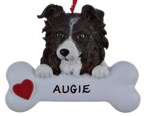 An Australian Sheppard ornament personalized with the dogs name on a bone. | OrnamentShop.com