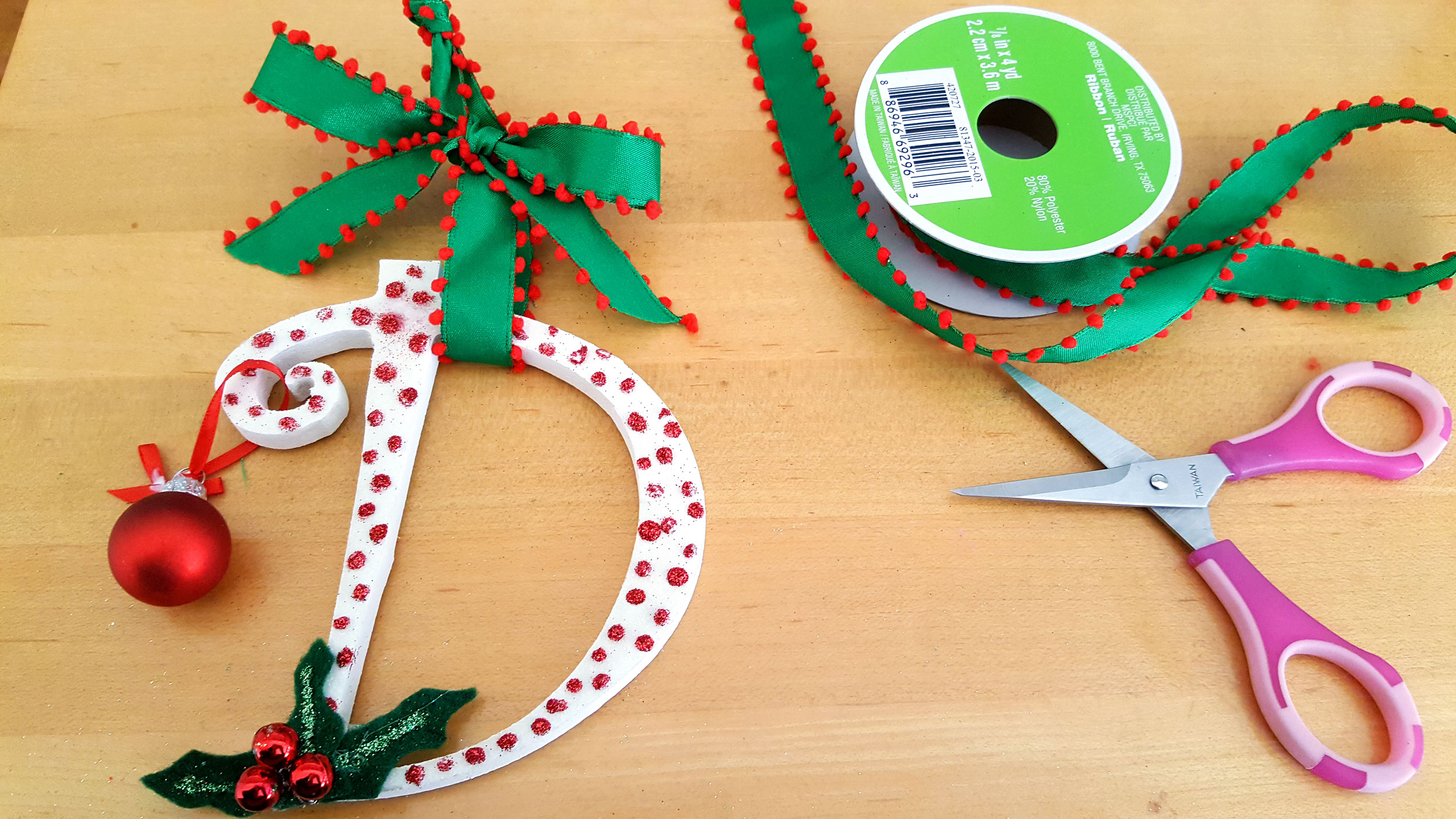 Initial Ornaments Step 9 add ribbon for hanging initial letter. | OrnamentShop.com