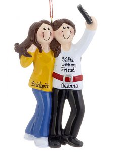 Personalized ornament with two brunette girl friends taking a selfie together. | OrnamentShop.com