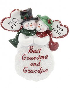 A grandparents ornament with best grandma and grandpa featuring snowman and personalized with names. | OrnamentShop.com