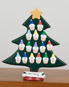 A tabletop decoration of a tree with up to 25 unique snowman faces to personalize their hats with names - perfect for big families for Christmas! | OrnamentShop.com