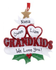An ornament for grandparents with grandkids personalized in hearts above holly. | OrnamentShop.com