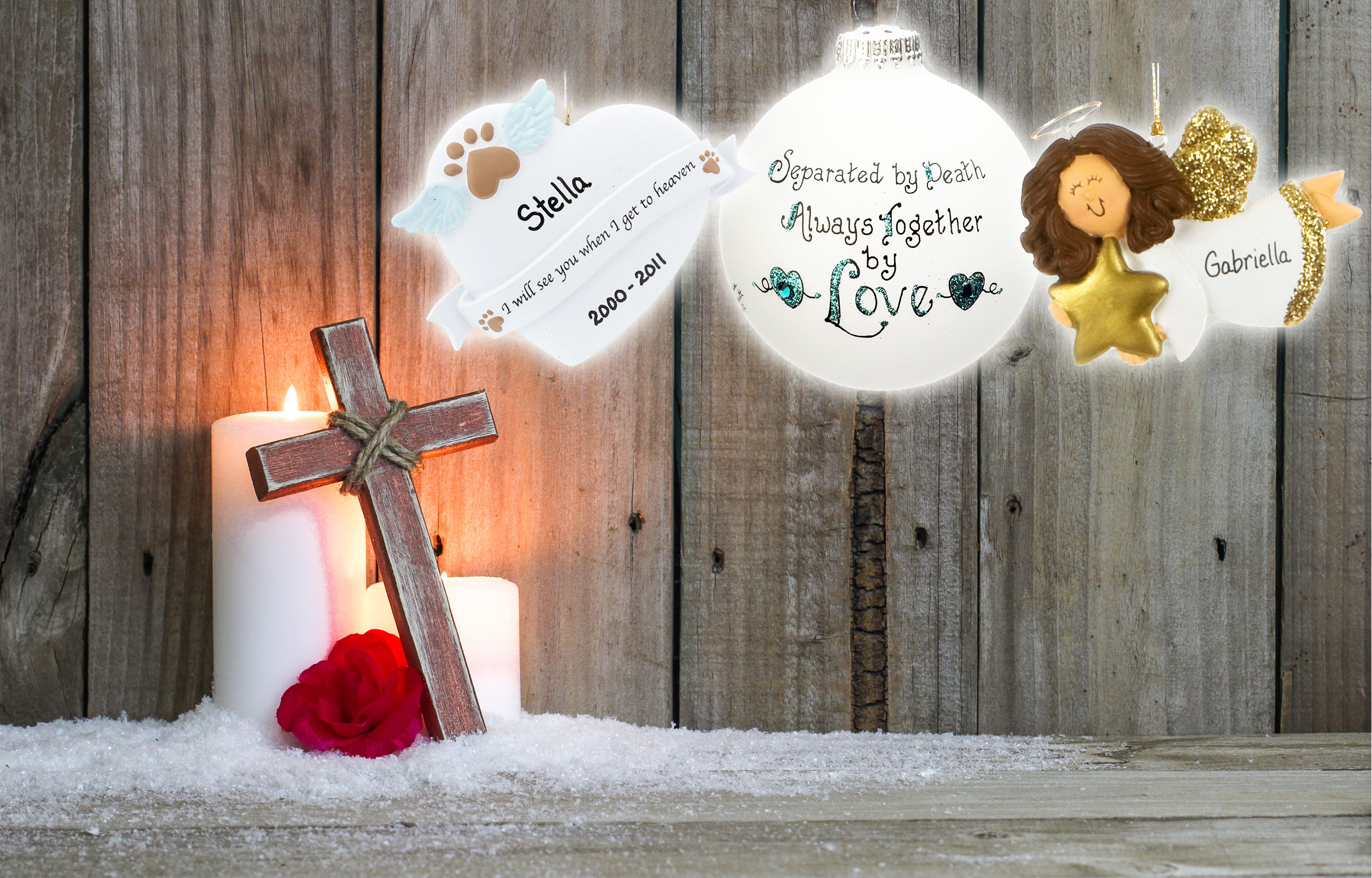In memory of memorial personalized Christmas ornaments including an angel, glass ball and pet. | OrnamentShop.com