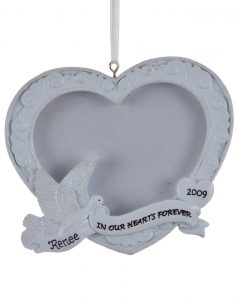 A framed ornament with a white heart border and dove, personalized with the name of a deceased loved one. | OrnamentShop.com