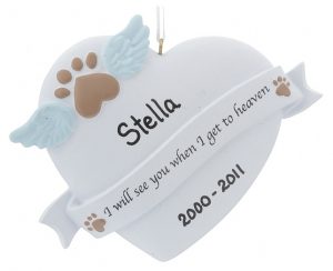 A pet memorial ornament with a paw print with wings on a heart, personalized with the name of your pet. | OrnamentShop.com