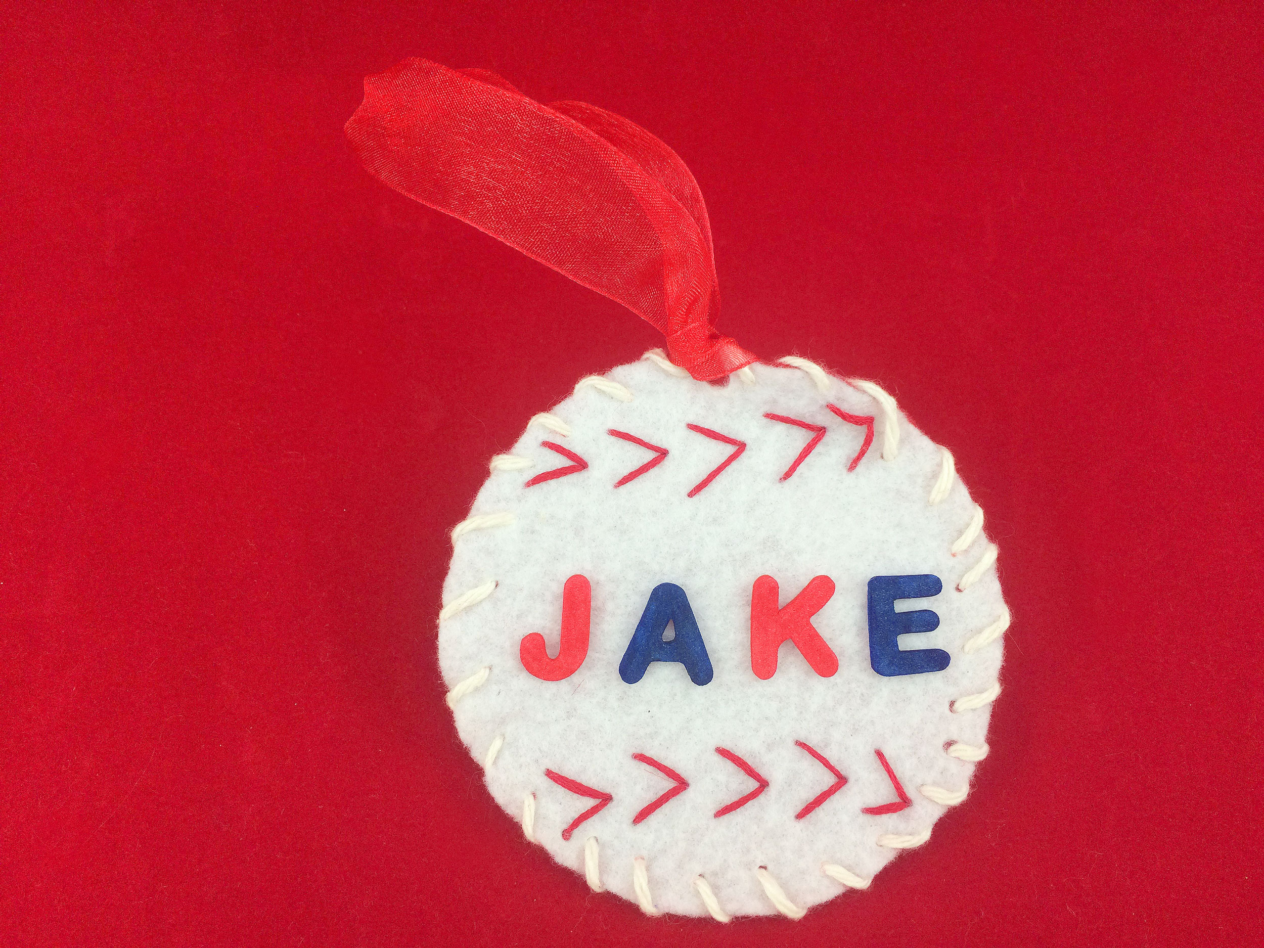 Completed felt Baseball Ornament with foam letters. | OrnamentShop.com
