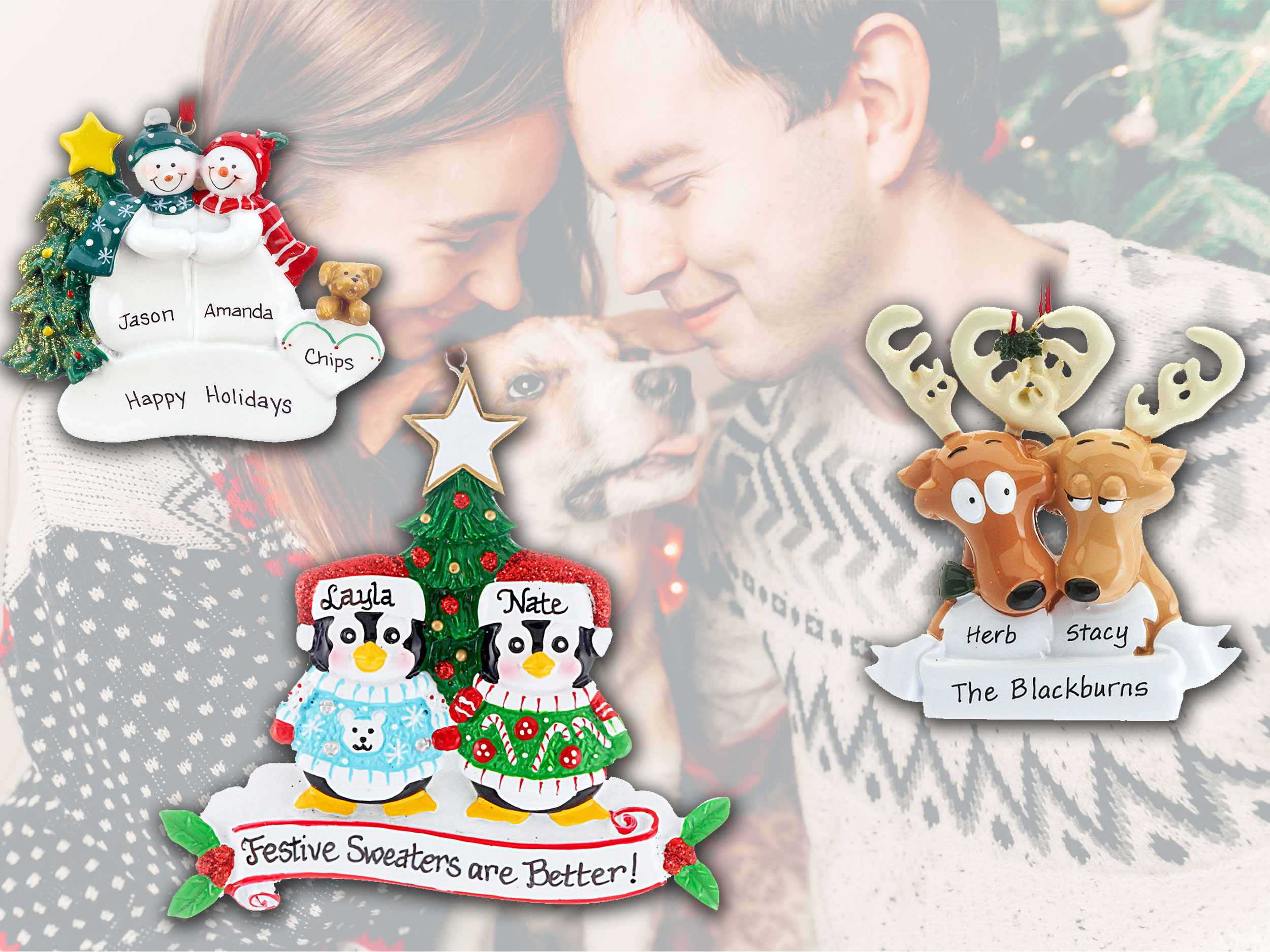 Three couples ornaments while a couple hugs their dog - penguins couple ornament, reindeer couple ornament and two snowman ornament. | OrnamentShop.com