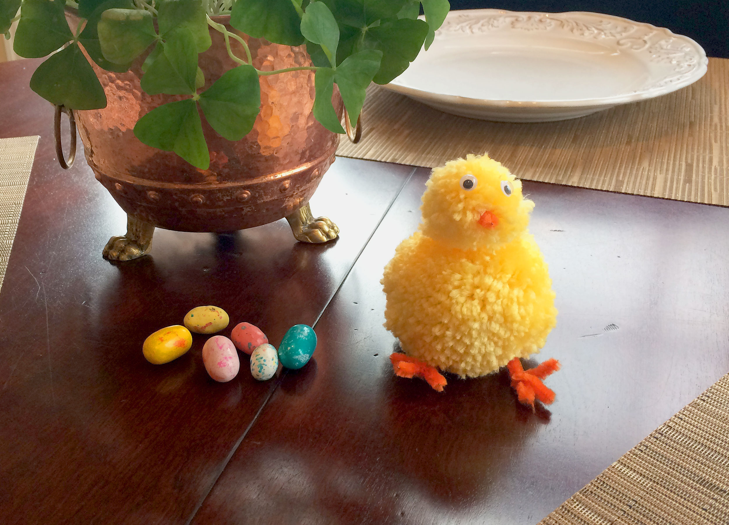 DIY Easter Chick decoration displayed as center piece on kitchen table. | OrnamentShop.com