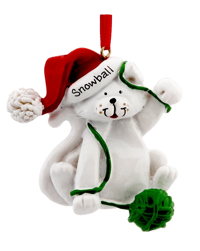 White cat with a ball of yarn personalized Christmas ornament. | OrnamentShop.com
