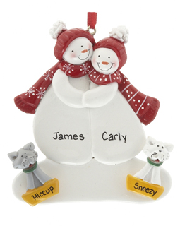 Snow Couple with 2 Cats Christmas ornament. | OrnamentShop.com