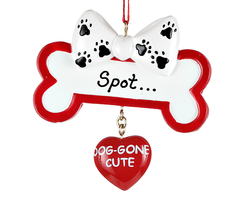 Personalized dog Christmas ornament with a bone and heart bell. | OrnamentShop.com