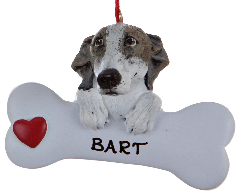 Greyhound personalized dog ornament for Christmas with a bone. | OrnamentShop.com