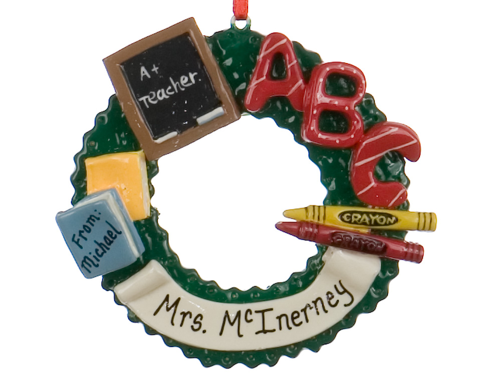 A personalized Christmas ornament wreath with symbols including A+, ABC, crayons and books. | Ornament Shop