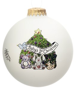 Glass ball ornament with hand painted symbols for baby's first Christmas. | Ornament Shop
