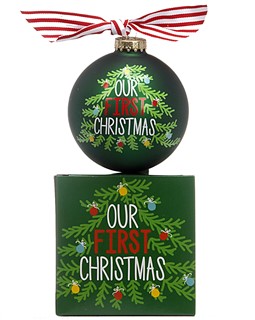 Glass ball with Our First Christmas, perfect for couples and families of all kinds to celebrate a first Christmas together. | Ornament Shop